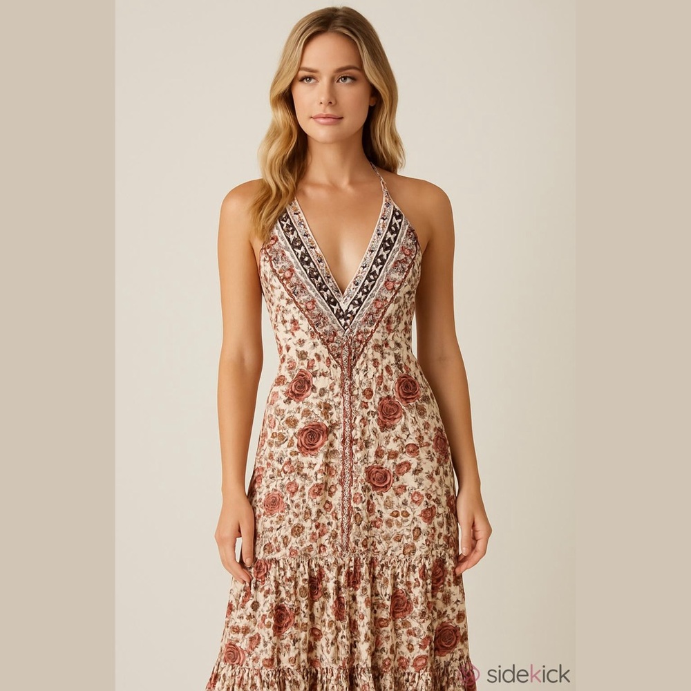 Women’s Deep V Neck Halter Floral Ruffle Maxi Dress M NWOT